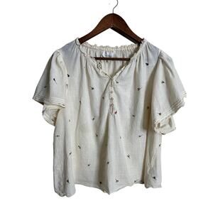 The Great. Fluter Sleeve Chime Top Womans Small Cream Embroidered